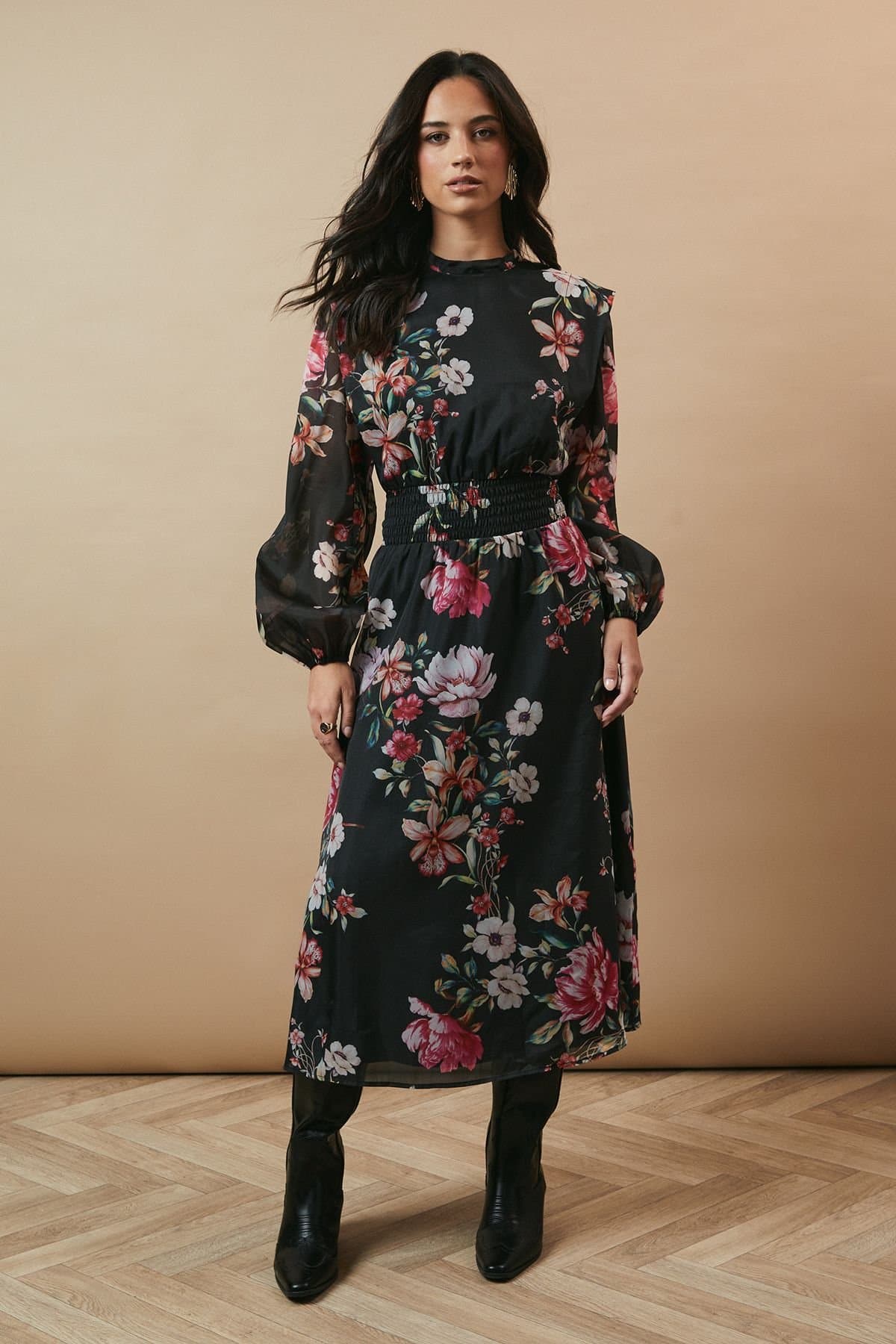 Oasis Oasis Women's Floral Organza Shirred Waist Tie Back Midi Dress in Black