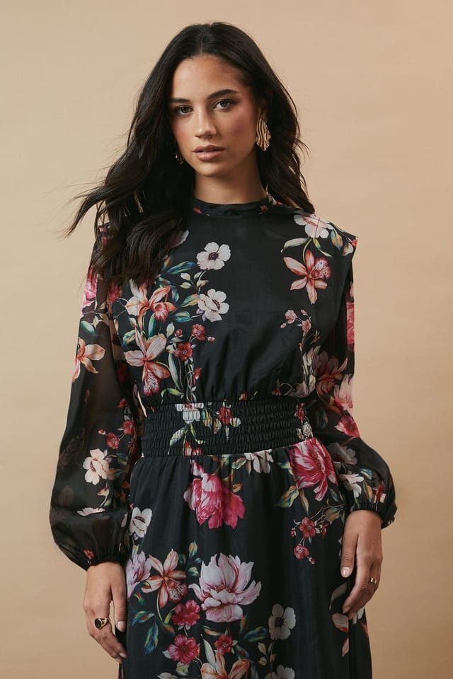 Oasis Oasis Women's Floral Organza Shirred Waist Tie Back Midi Dress in Black - 2