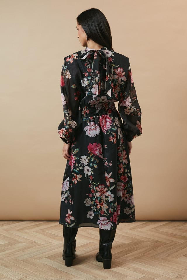 Oasis Oasis Women's Floral Organza Shirred Waist Tie Back Midi Dress in Black - 3