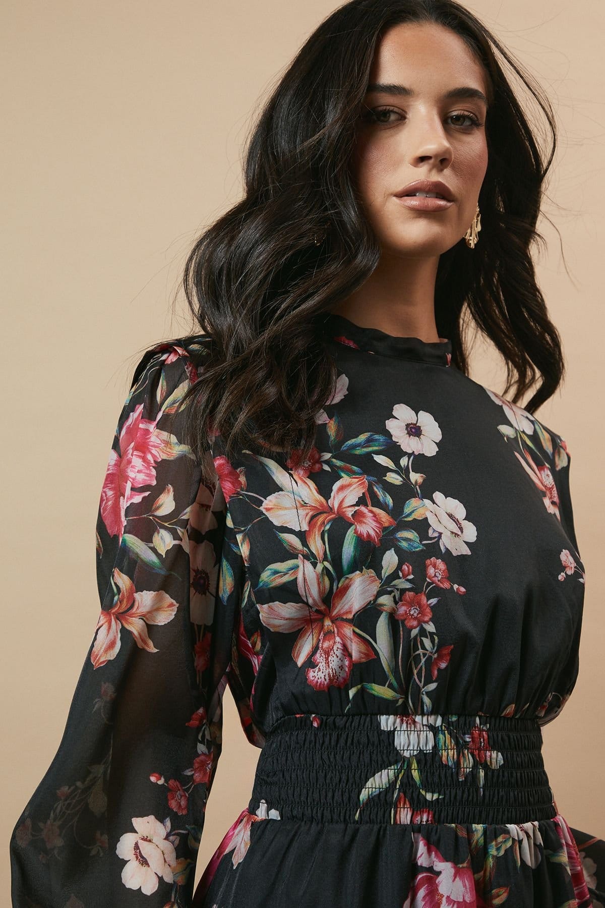 Oasis Oasis Women's Floral Organza Shirred Waist Tie Back Midi Dress in Black - 4