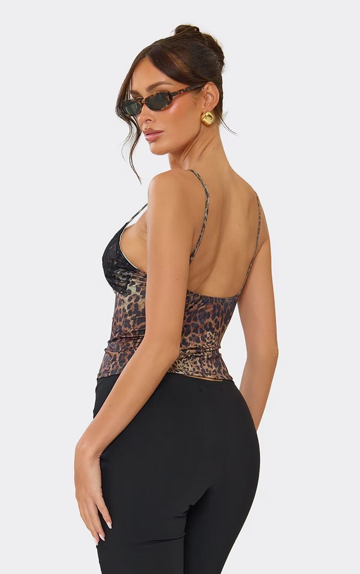 EGO Strappy Lace Bust Detail Cami Top In Brown Leopard Print, Women's Size UK 6