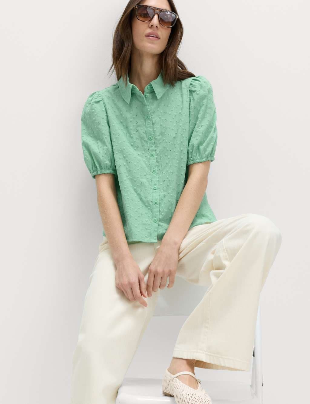 Marks & Spencer M&S Pure Cotton Embroidered Button Through Shirt Grass