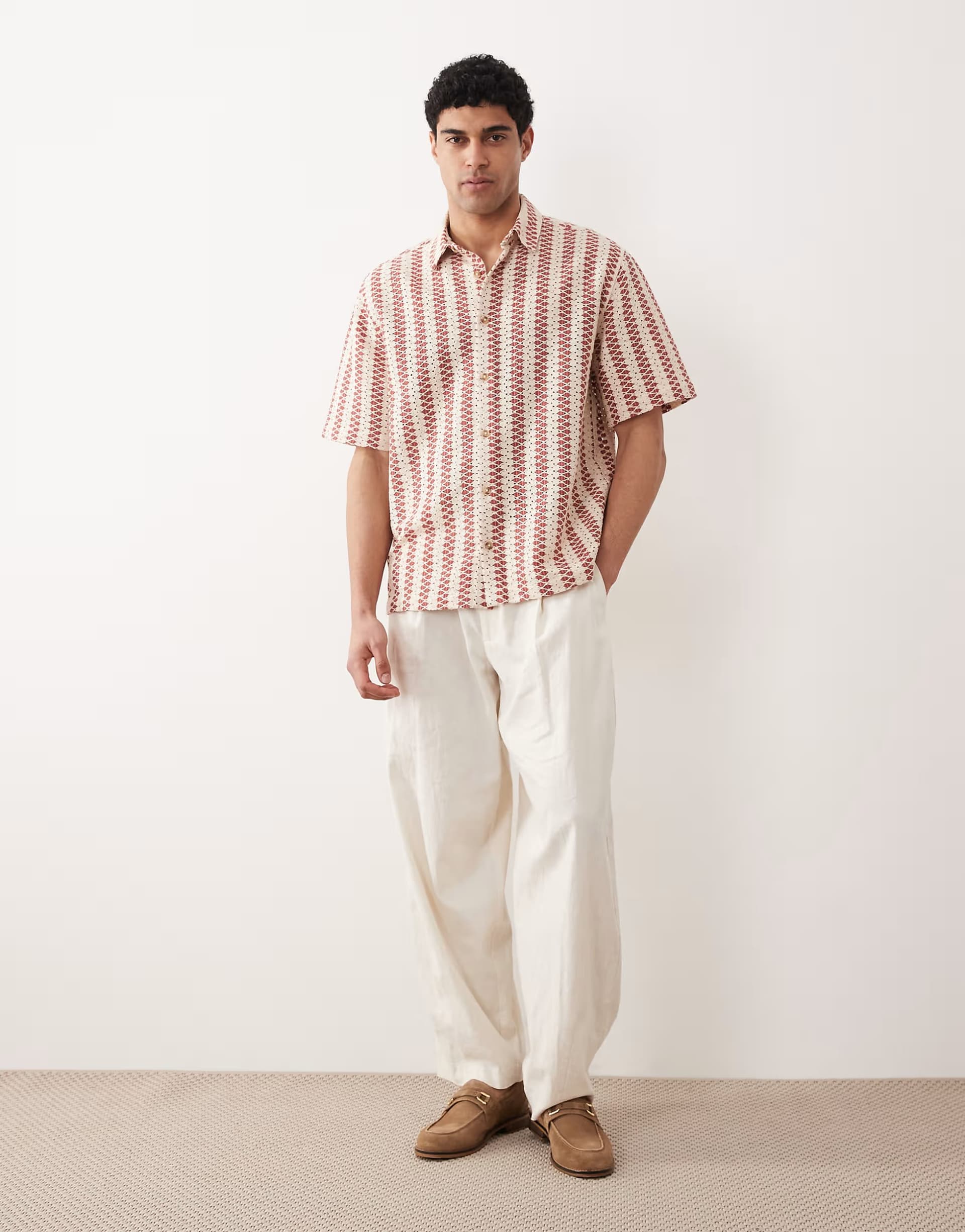 ASOS ASOS DESIGN relaxed crochet stripe shirt in red and natural