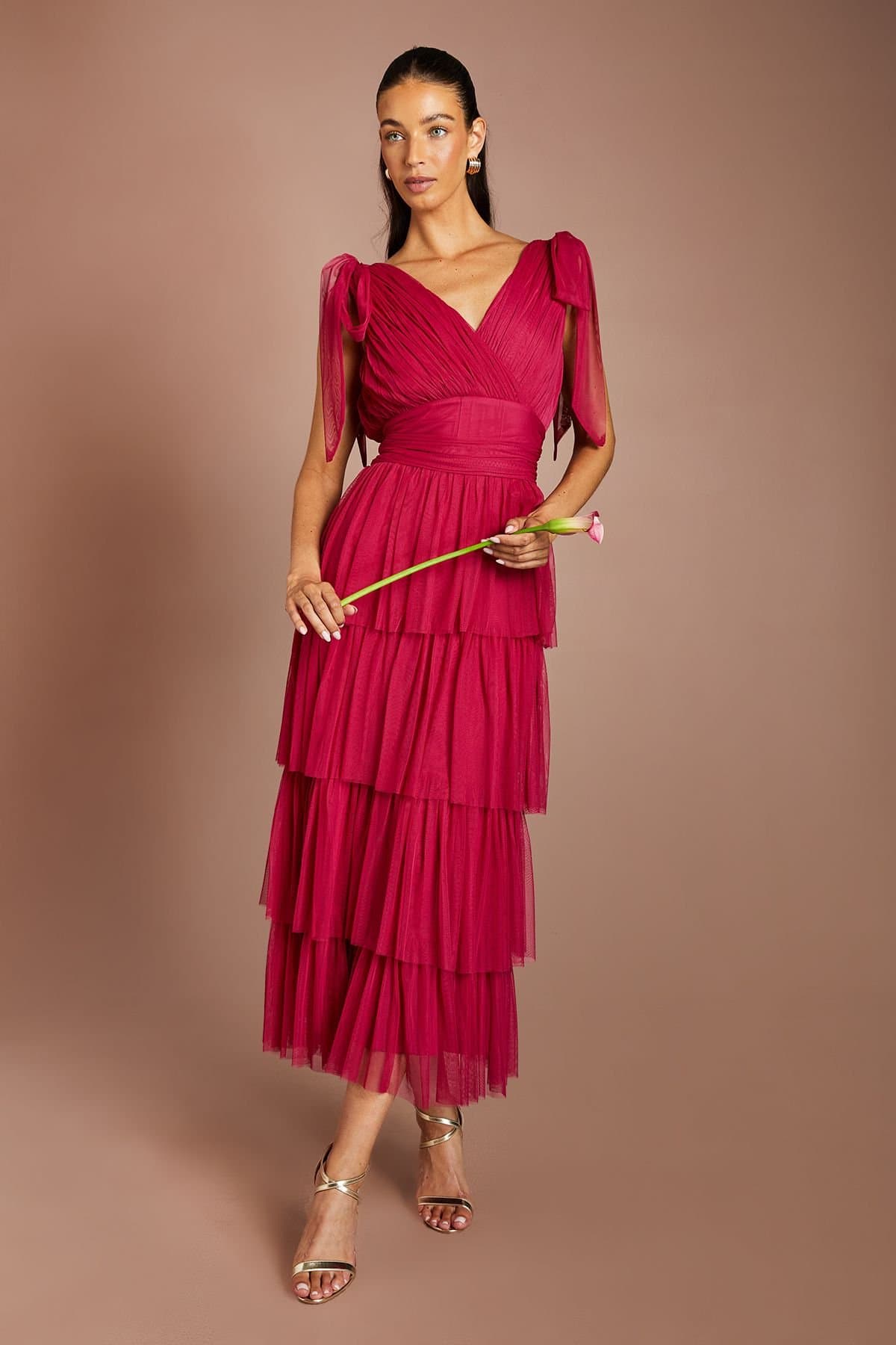 Oasis Oasis Women's Tie Shoulder Tiered Mesh Bridesmaid Midi Dress in Berry