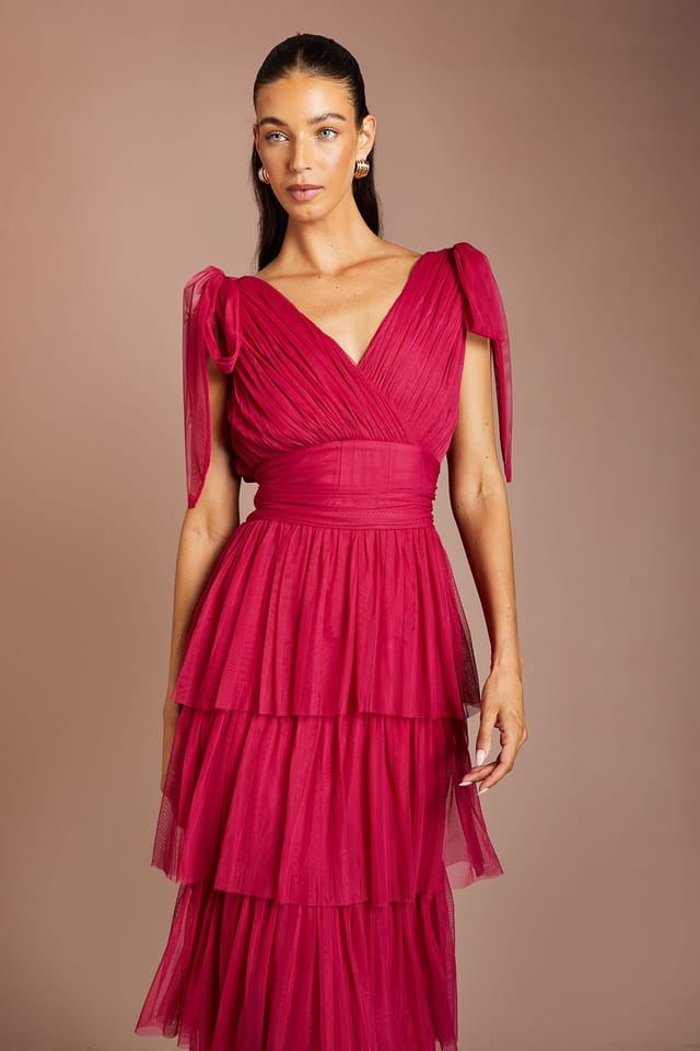 Oasis Oasis Women's Tie Shoulder Tiered Mesh Bridesmaid Midi Dress in Berry - 2