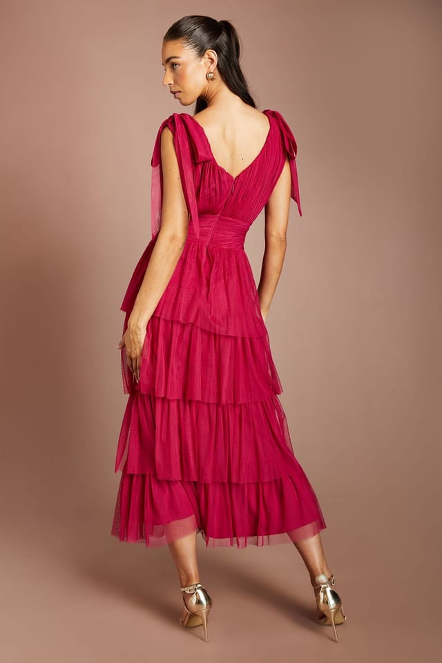 Oasis Oasis Women's Tie Shoulder Tiered Mesh Bridesmaid Midi Dress in Berry - 3