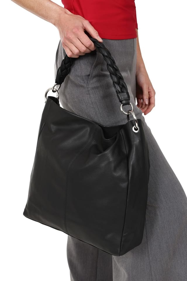 Hot Squash Hot Squash Women's Plaited Detail Leather Shoulder Bag in Black - 2