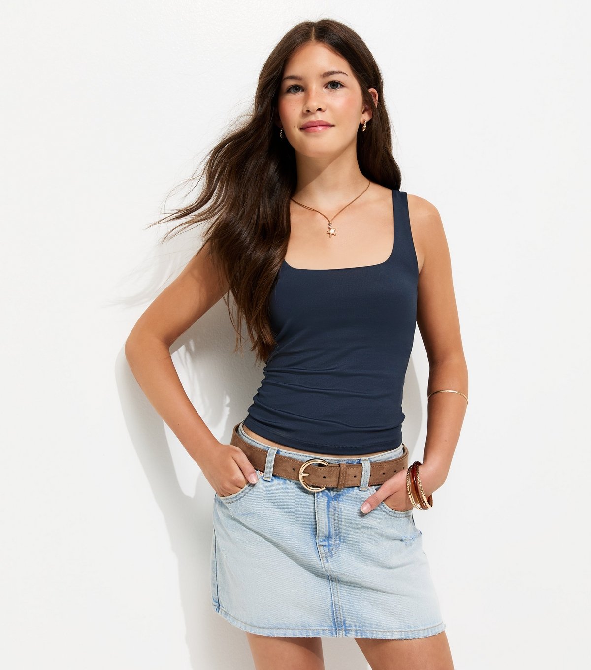 New Look Girls' Navy Slinky Square Neck Vest Top New Look - 2