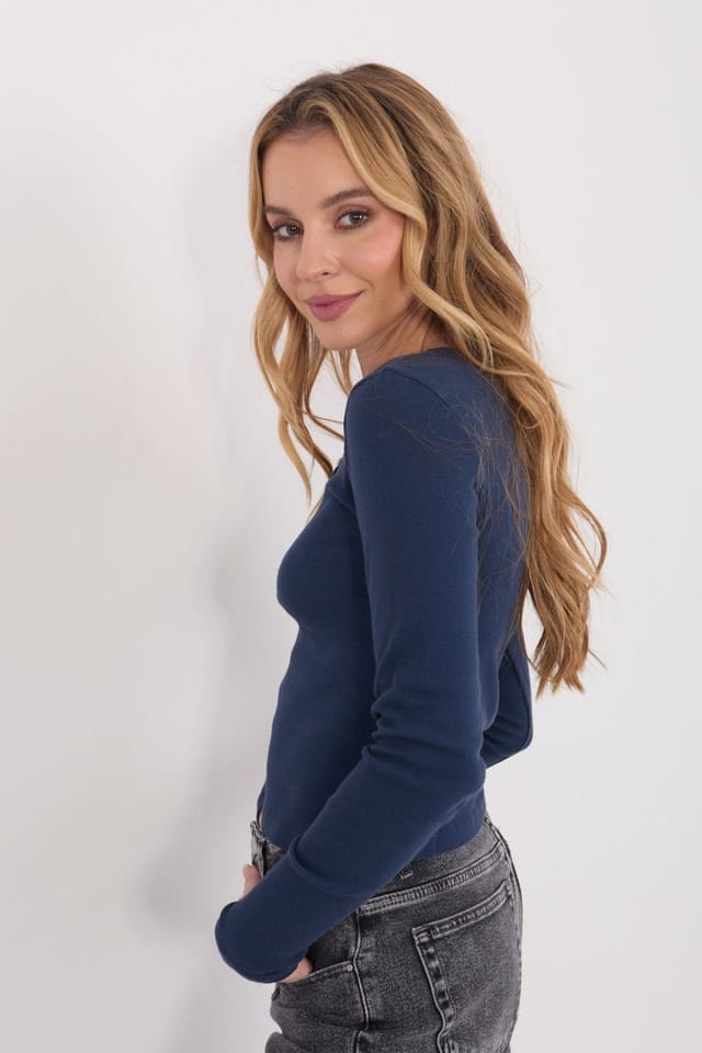 Love Lace Love Lace Women's Cotton Fitted Long Sleeve Button Top in Blue - 2