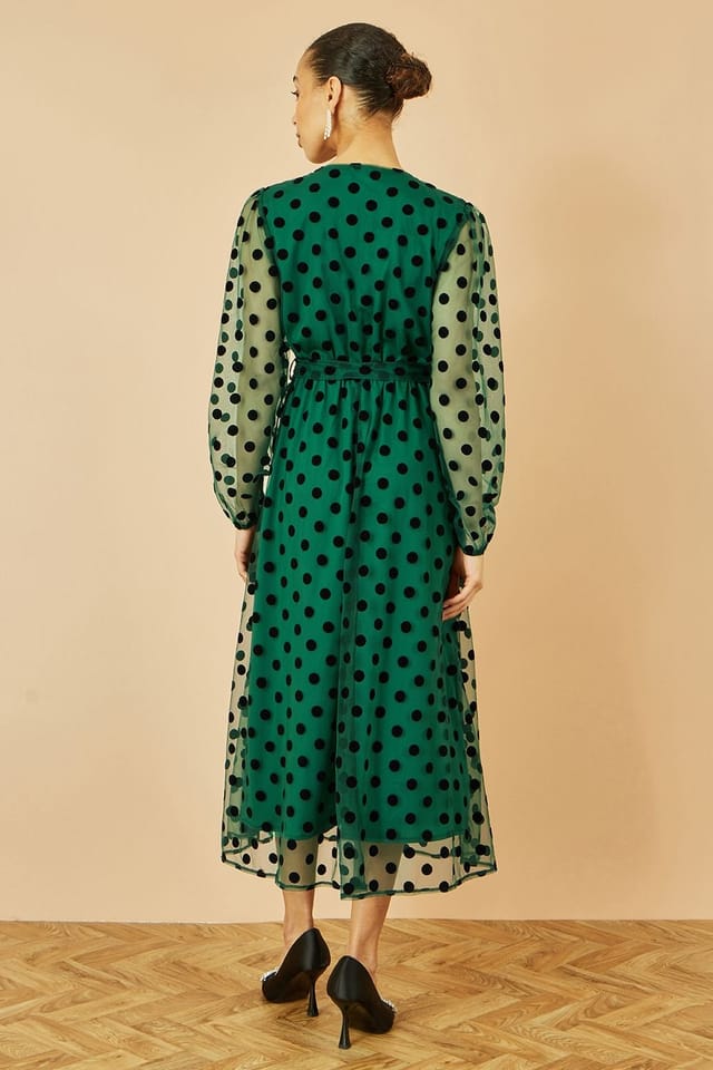 Yumi Yumi Women's Green Spot Mesh Wrap Midi Skater Dress - 3