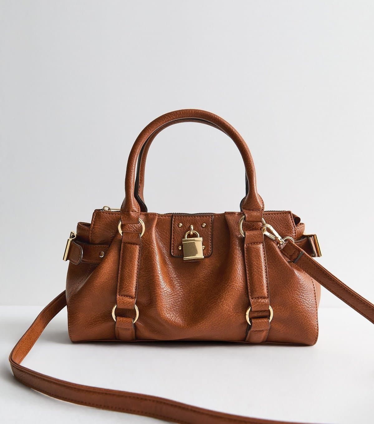 New Look Tan Faux Pebbled Leather Padlock Oversized Crossbody Bag New Look