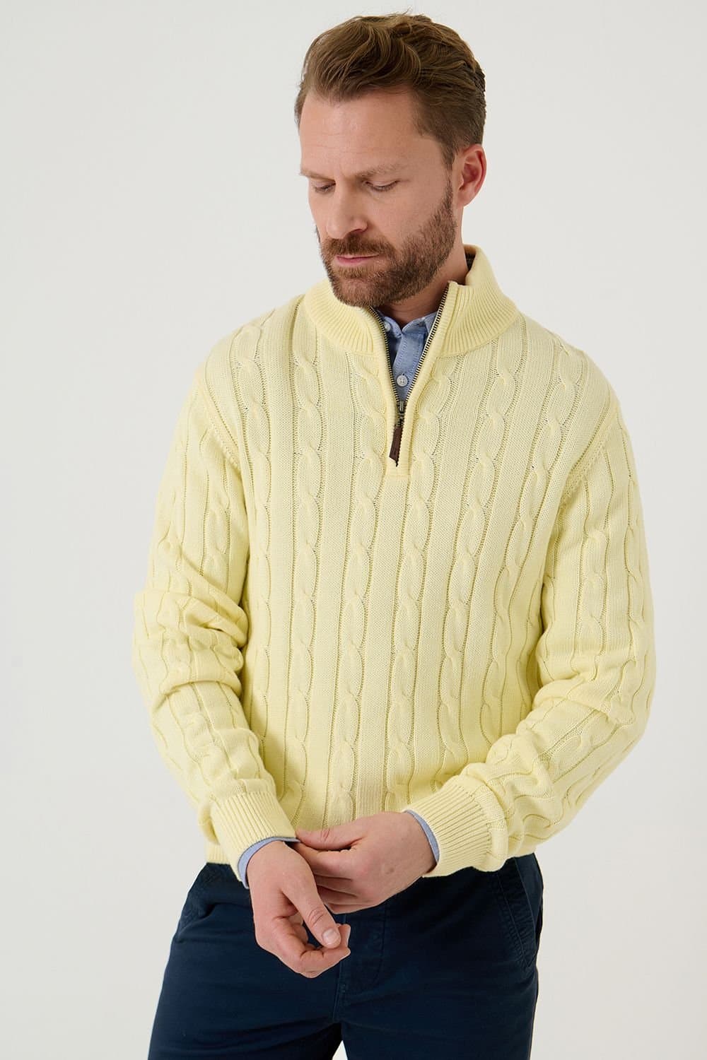 Saltwell Saltwell Men's Cable Knit Quarter Zip Jumper in Yellow