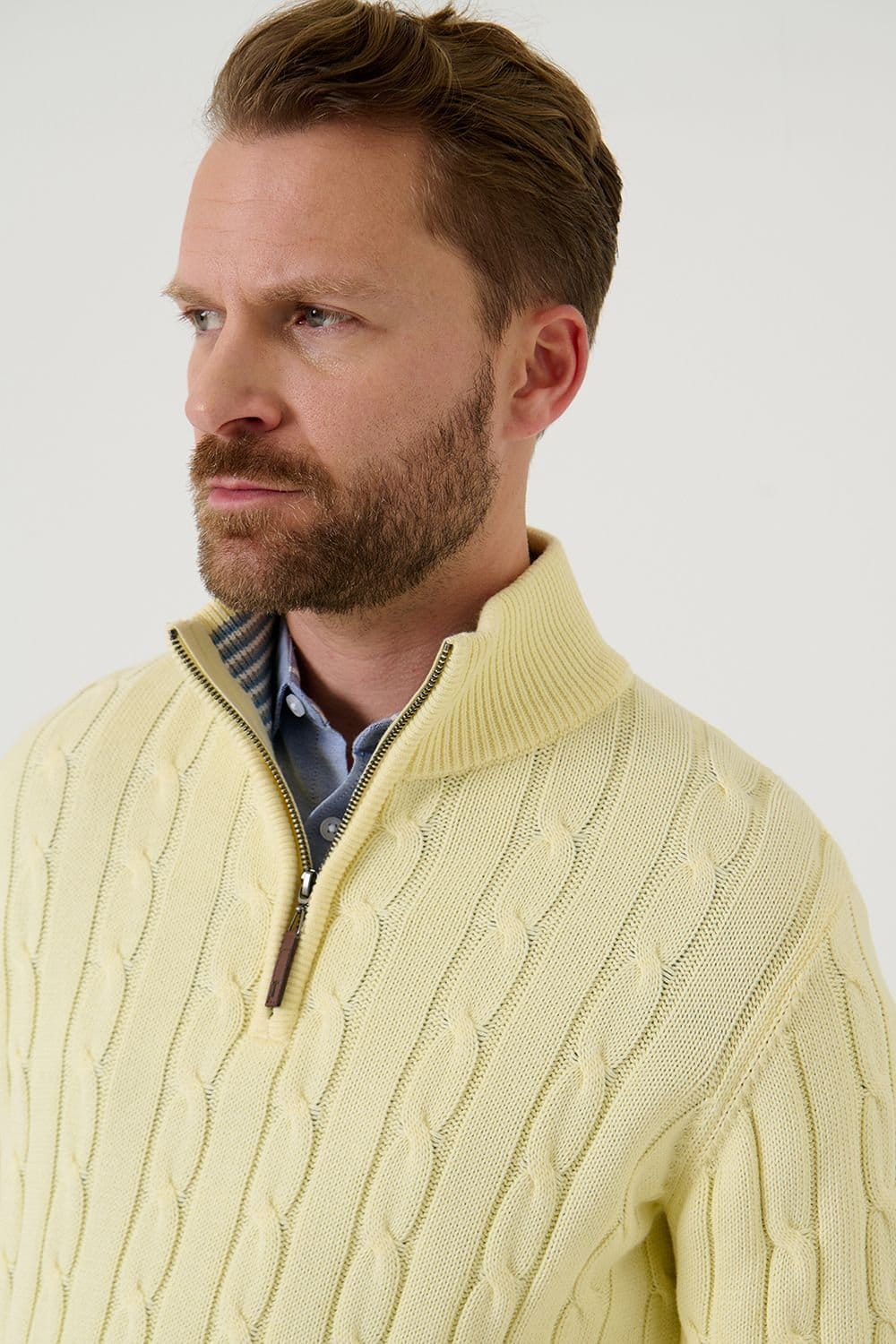 Saltwell Saltwell Men's Cable Knit Quarter Zip Jumper in Yellow - 4