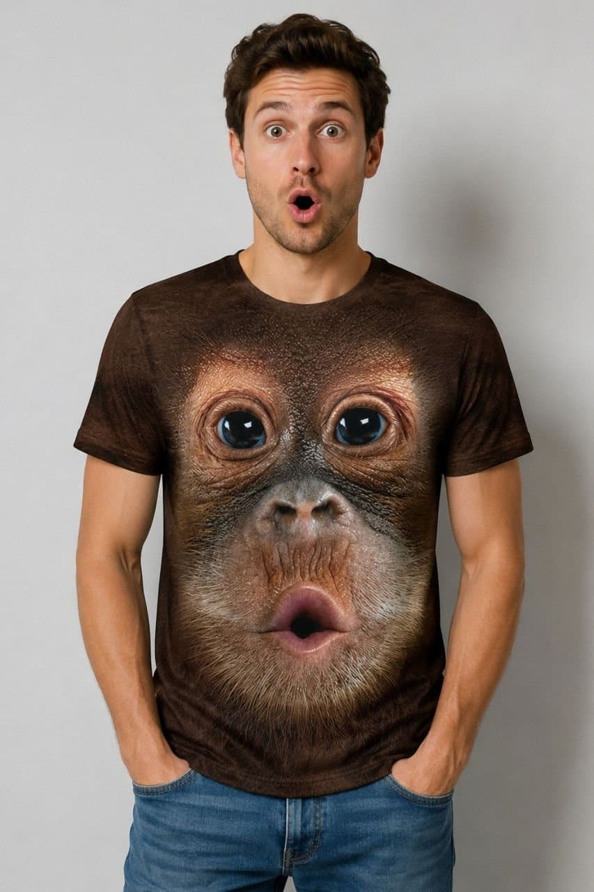 Lovii Lovii Men's Men Funny 3D Monkey Face Printed T-Shirt in Brown