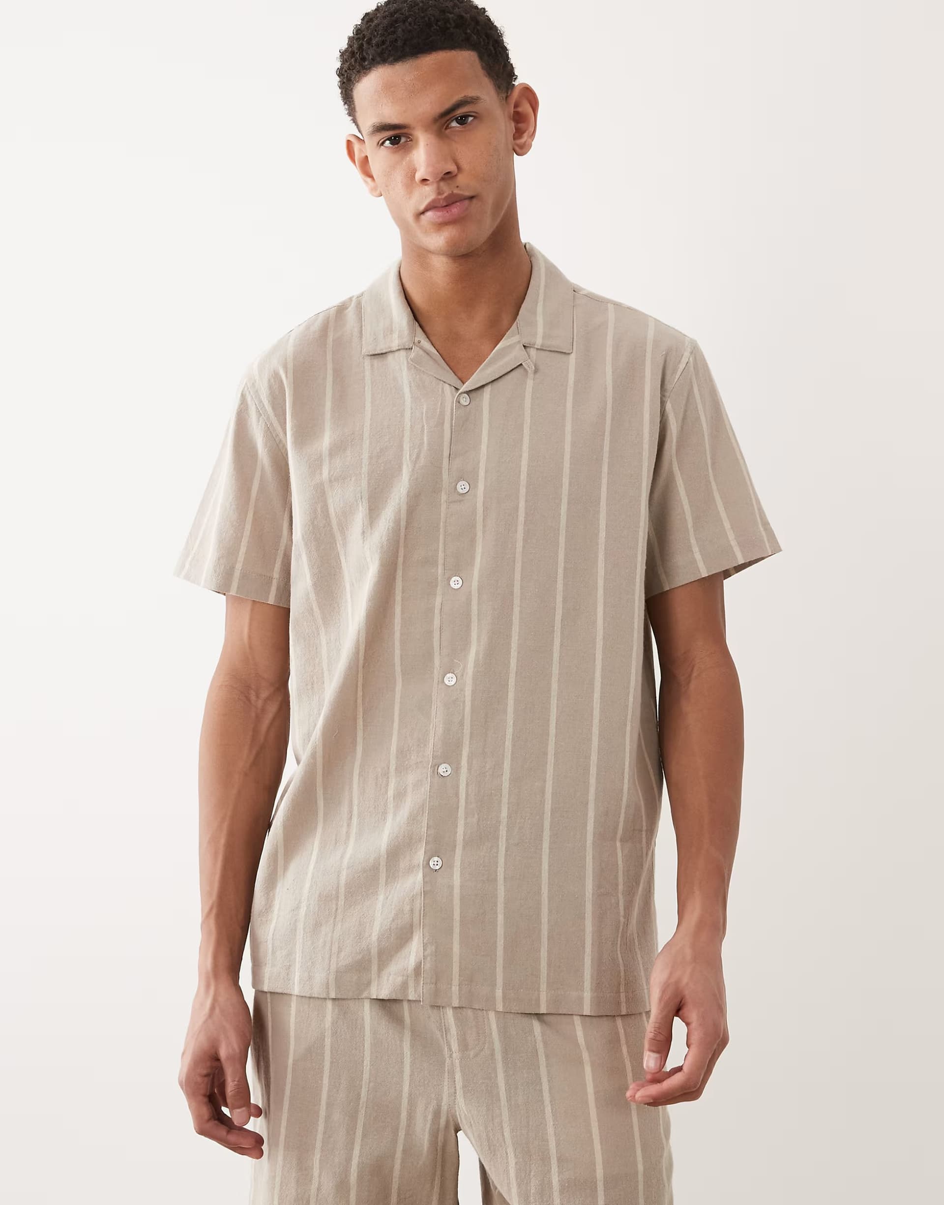 ASOS Brave Soul co-ord short sleeve shirt with revere collar in stone and ecru stripe