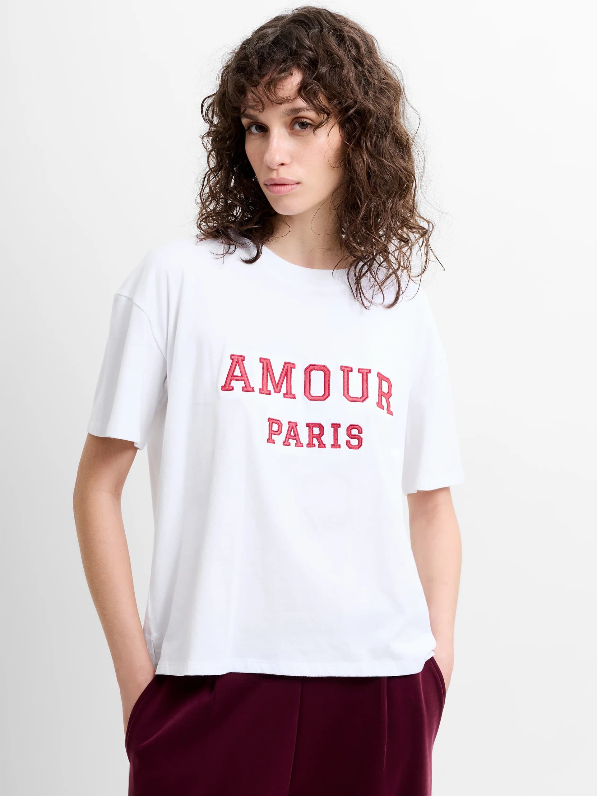 French Connection Cotton Amour Varsity T-Shirt Linen White/Watermelon