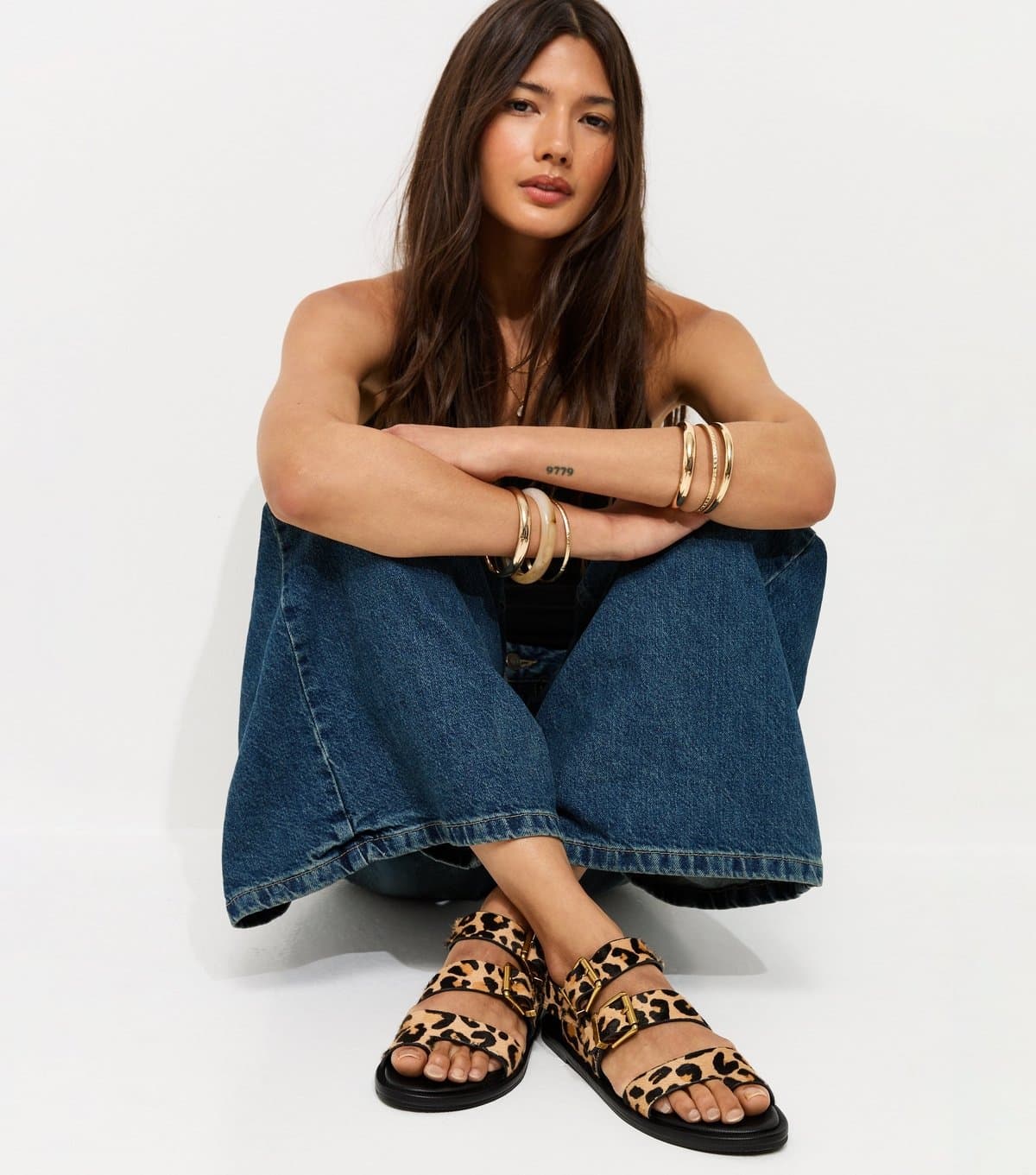 New Look Women's Premium Leather Stone Leopard Print Buckle Strap Sandals New Look