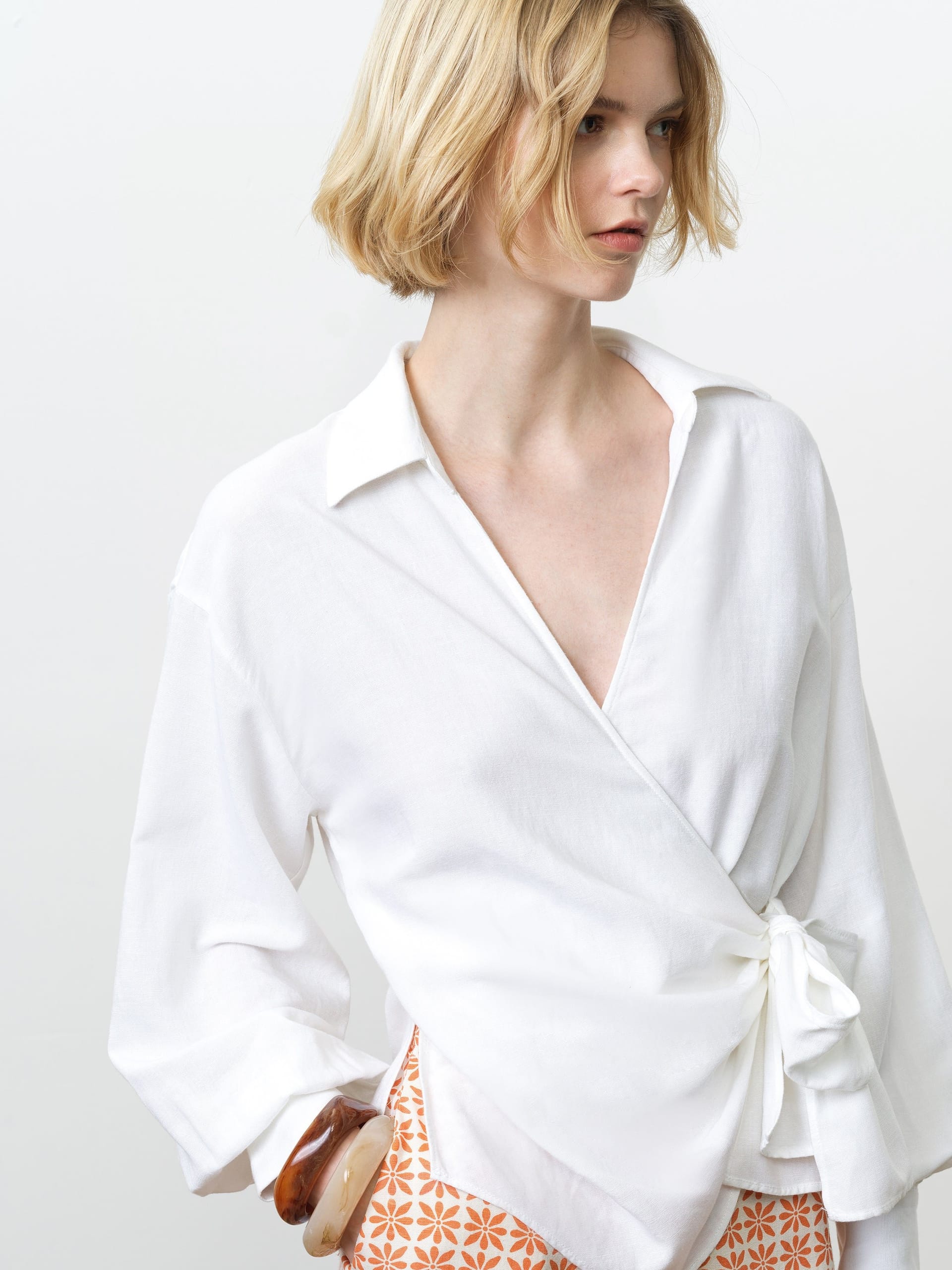 French Connection Linen Blend Wrap Over Shirt in White