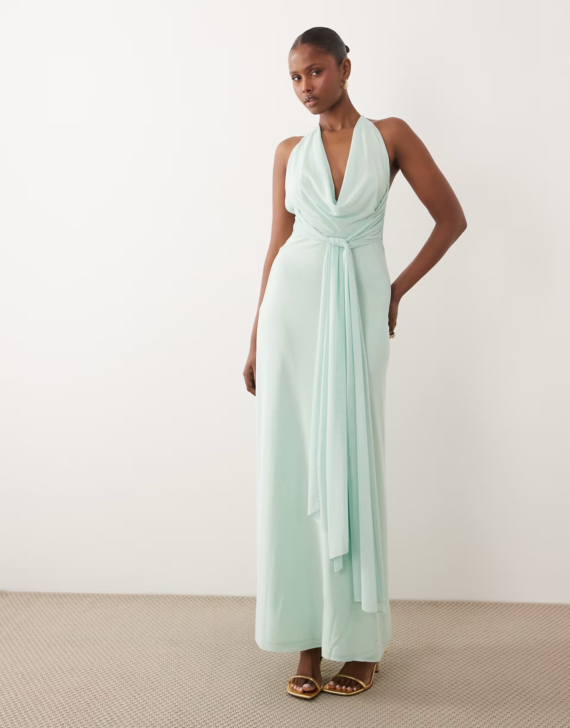 ASOS TFNC mesh cami halter backless maxi dress in light aqua