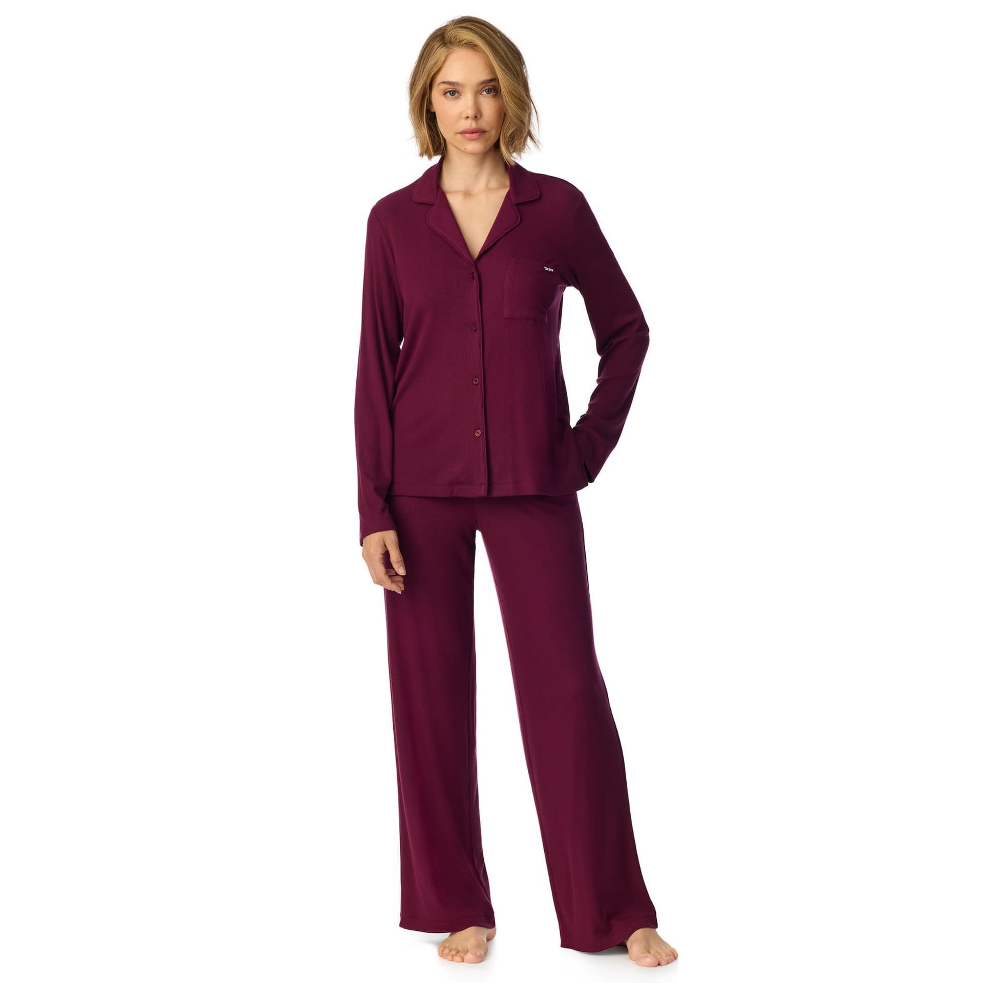 DKNY DKNY Women's Long Sleeve Notch Top & Pant Sleep Set in Maroon Banner Burgundy