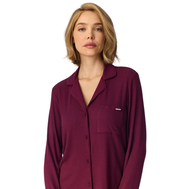 DKNY DKNY Women's Long Sleeve Notch Top & Pant Sleep Set in Maroon Banner Burgundy - 3
