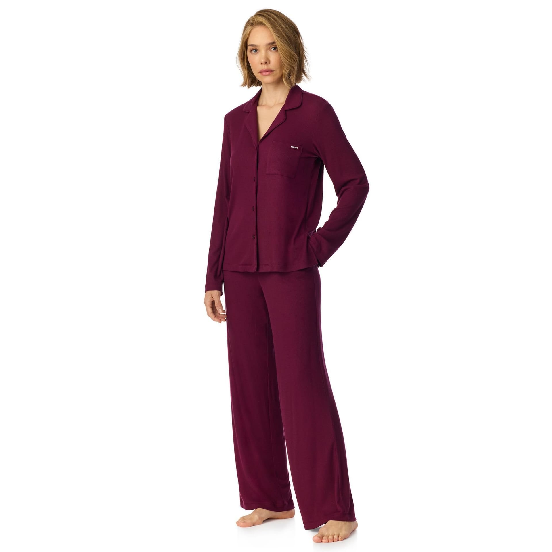 DKNY DKNY Women's Long Sleeve Notch Top & Pant Sleep Set in Maroon Banner Burgundy - 4