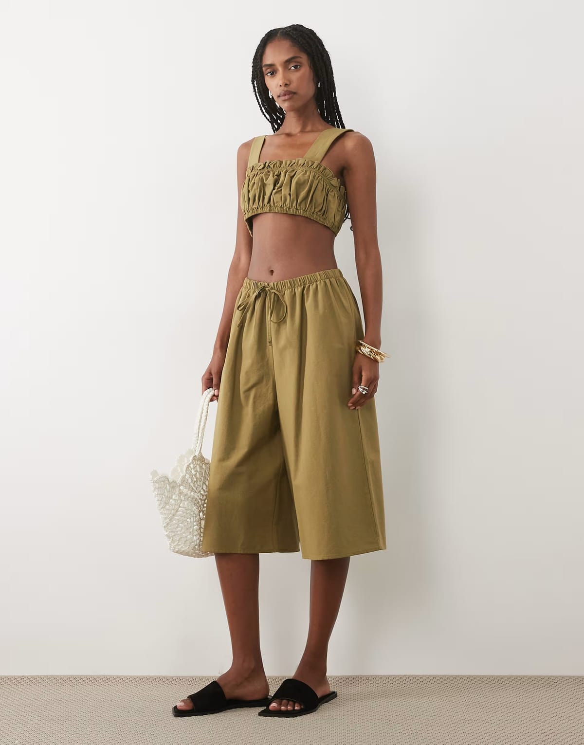 ASOS ASOS DESIGN linen blend ruched bralet in olive co ord - KHAKI - 1