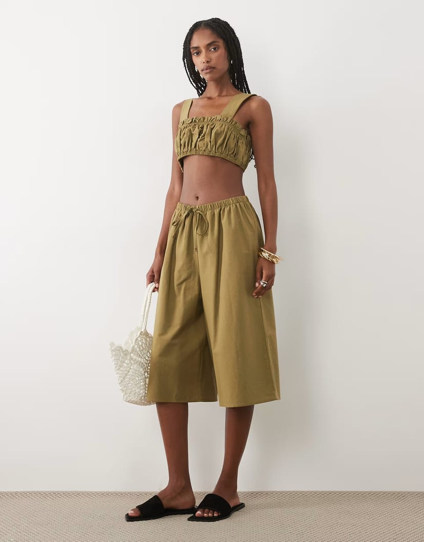 ASOS ASOS DESIGN linen blend ruched bralet in olive co ord - KHAKI - 1
