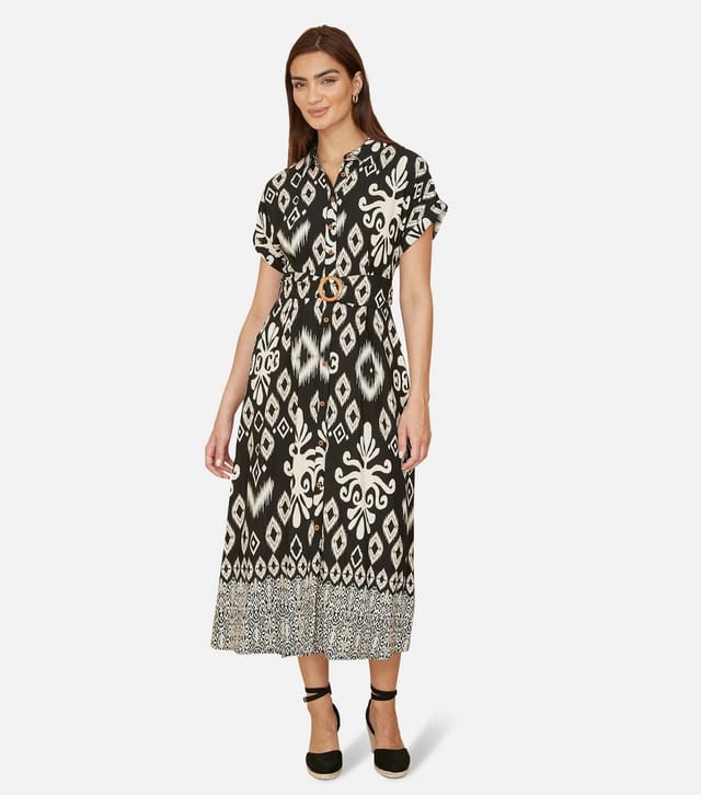 Yumi Women's Black Patterned Midi Shirt Dress Yumi New Look - 2