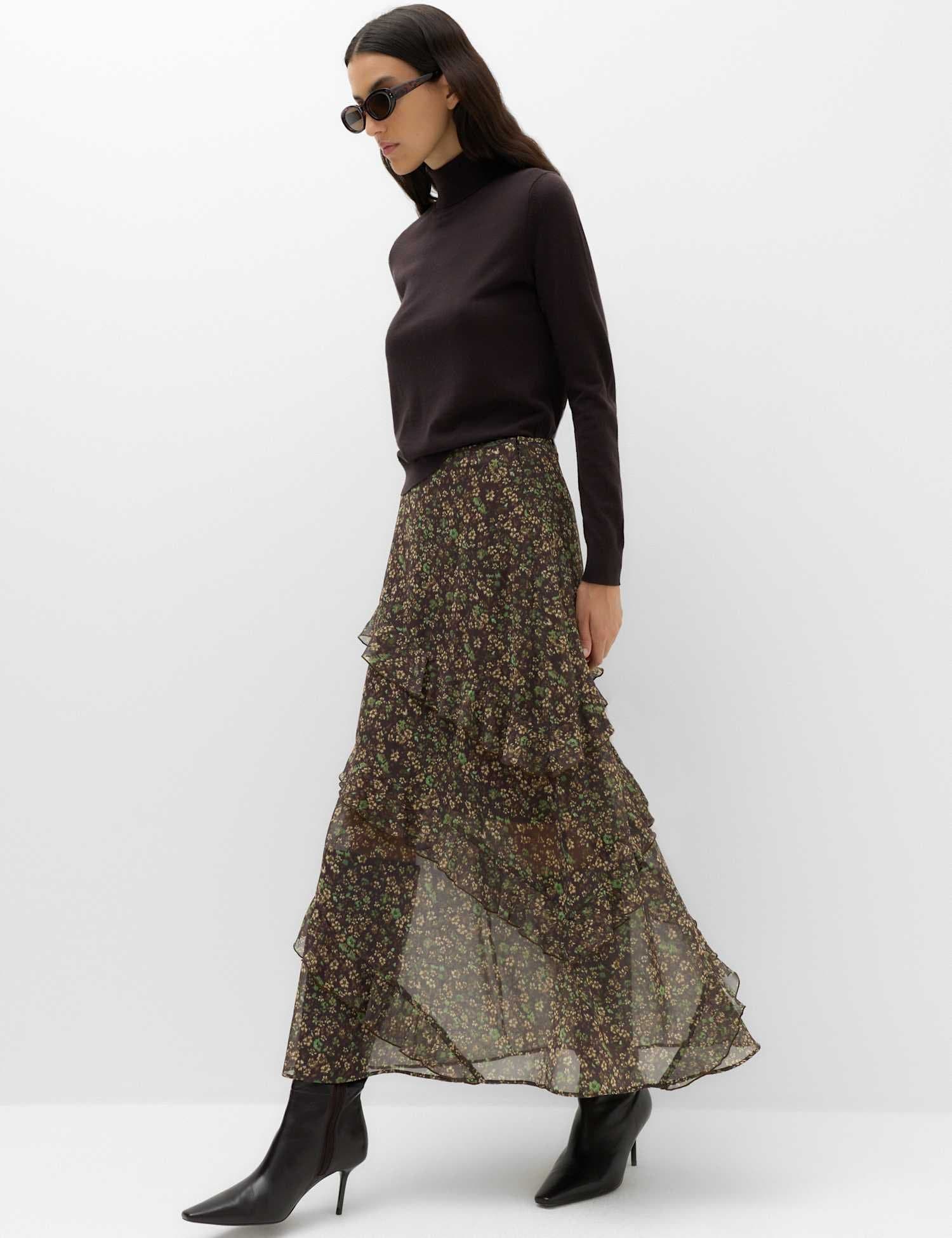 Marks & Spencer M&S Floral Midi Tiered Skirt Brown Mix