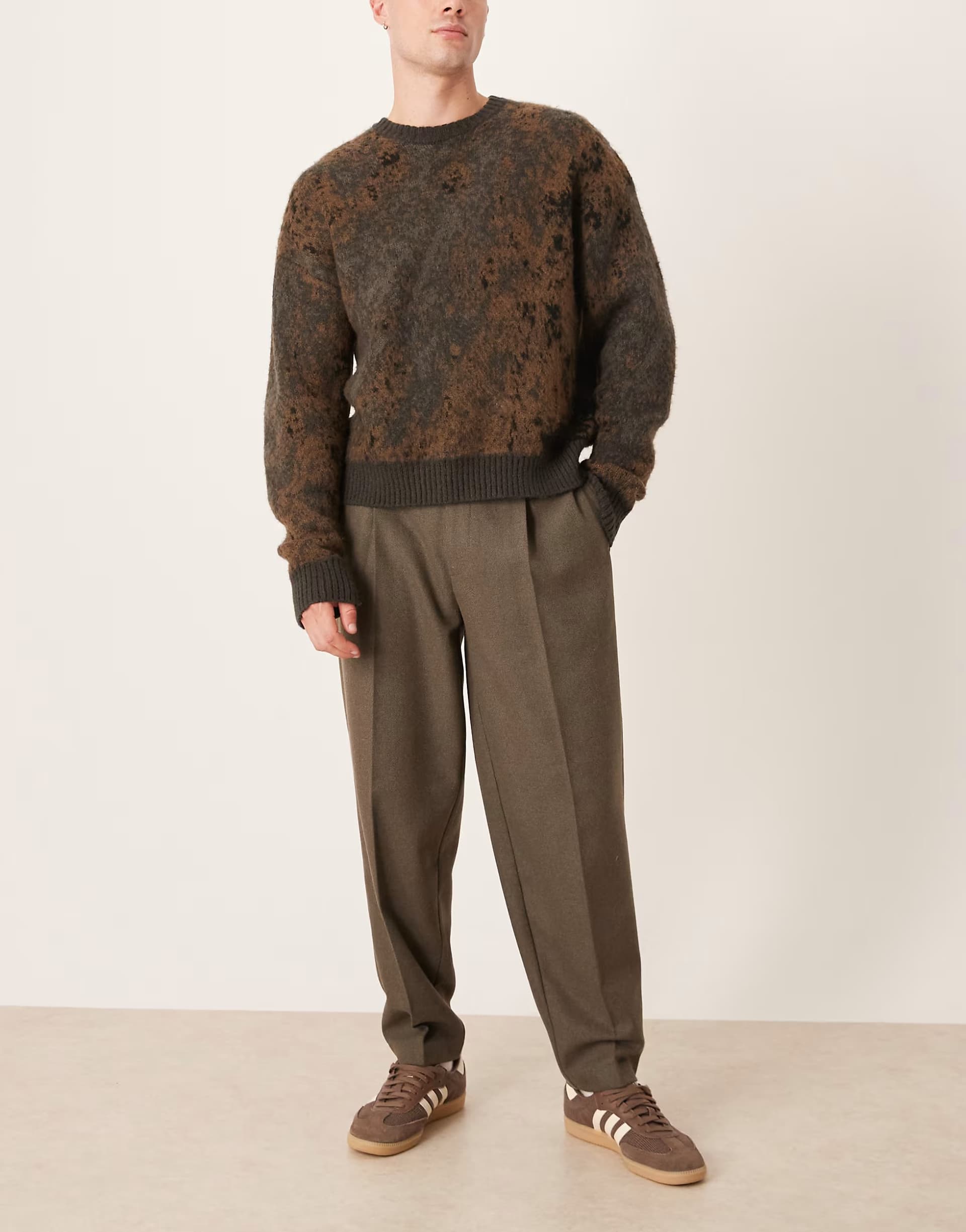 ASOS ASOS DESIGN smart pleated oversized tapered trousers in khaki herringbone wool mix