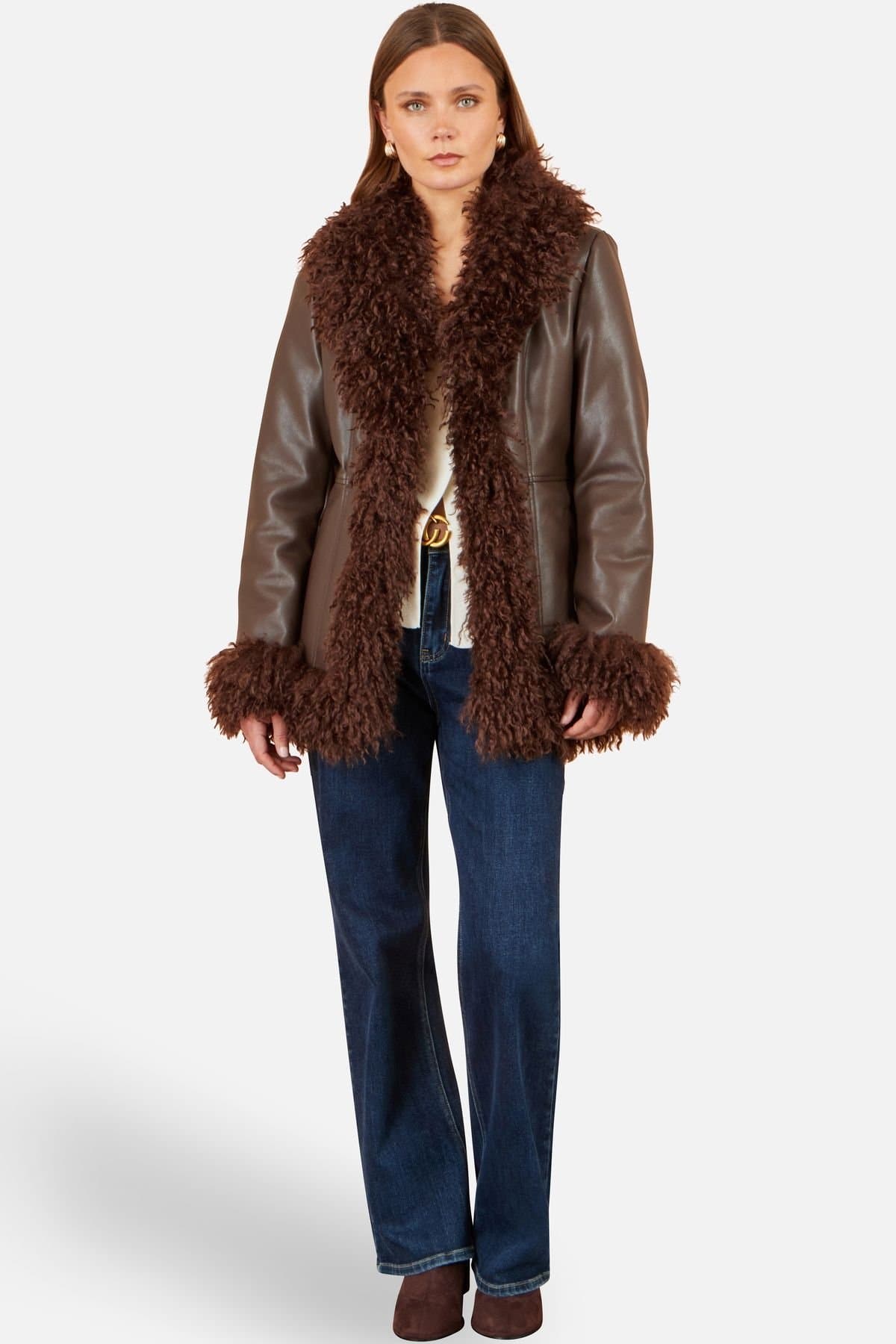 Yumi Yumi Women's Faux Leather Coat With Faux Fur Trims in Dark Brown