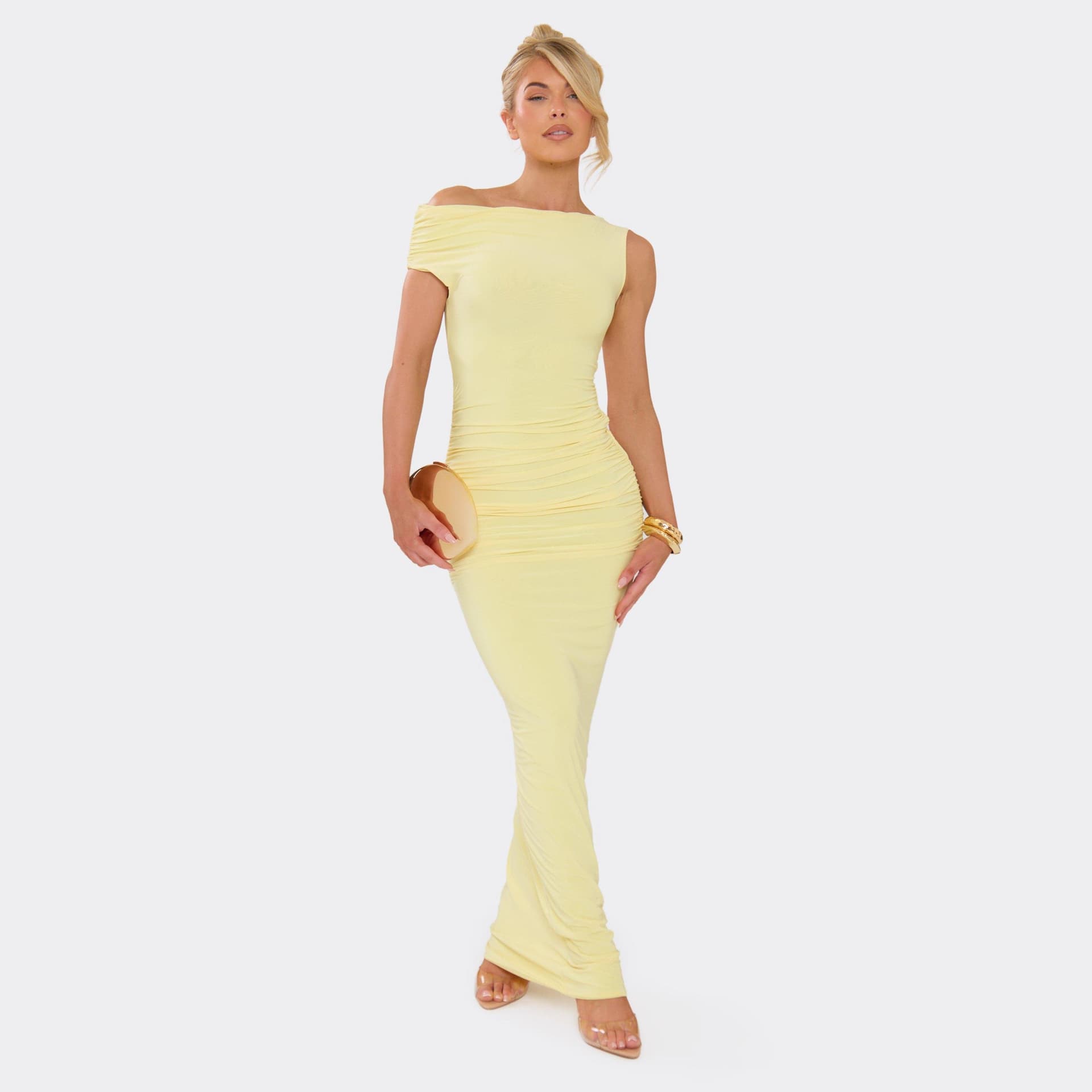 EGO Asymmetric One Shoulder Ruched Detail Maxi Dress In Lemon Slinky, Women's Size UK 6