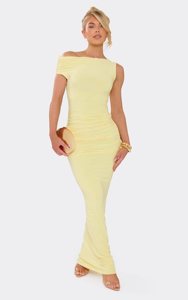 EGO Asymmetric One Shoulder Ruched Detail Maxi Dress In Lemon Slinky, Women's Size UK 6 - 2