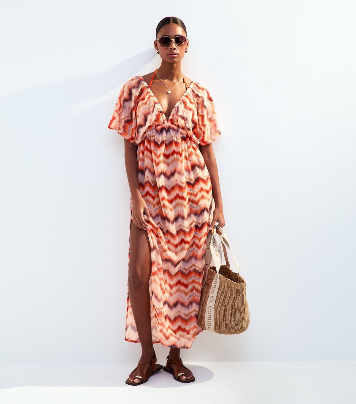 New Look Women's Orange Zig Zag Print Short Sleeve Maxi Dress New Look