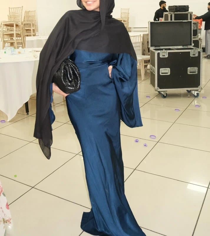 ASOS funnel neck satin maxi dress with exaggerated sleeves in navy