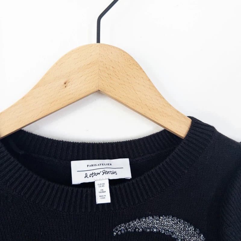 & Other Stories & Other Stories Black Ruffle Shoulder Jumper Size XS 6 8 Silver Embellished