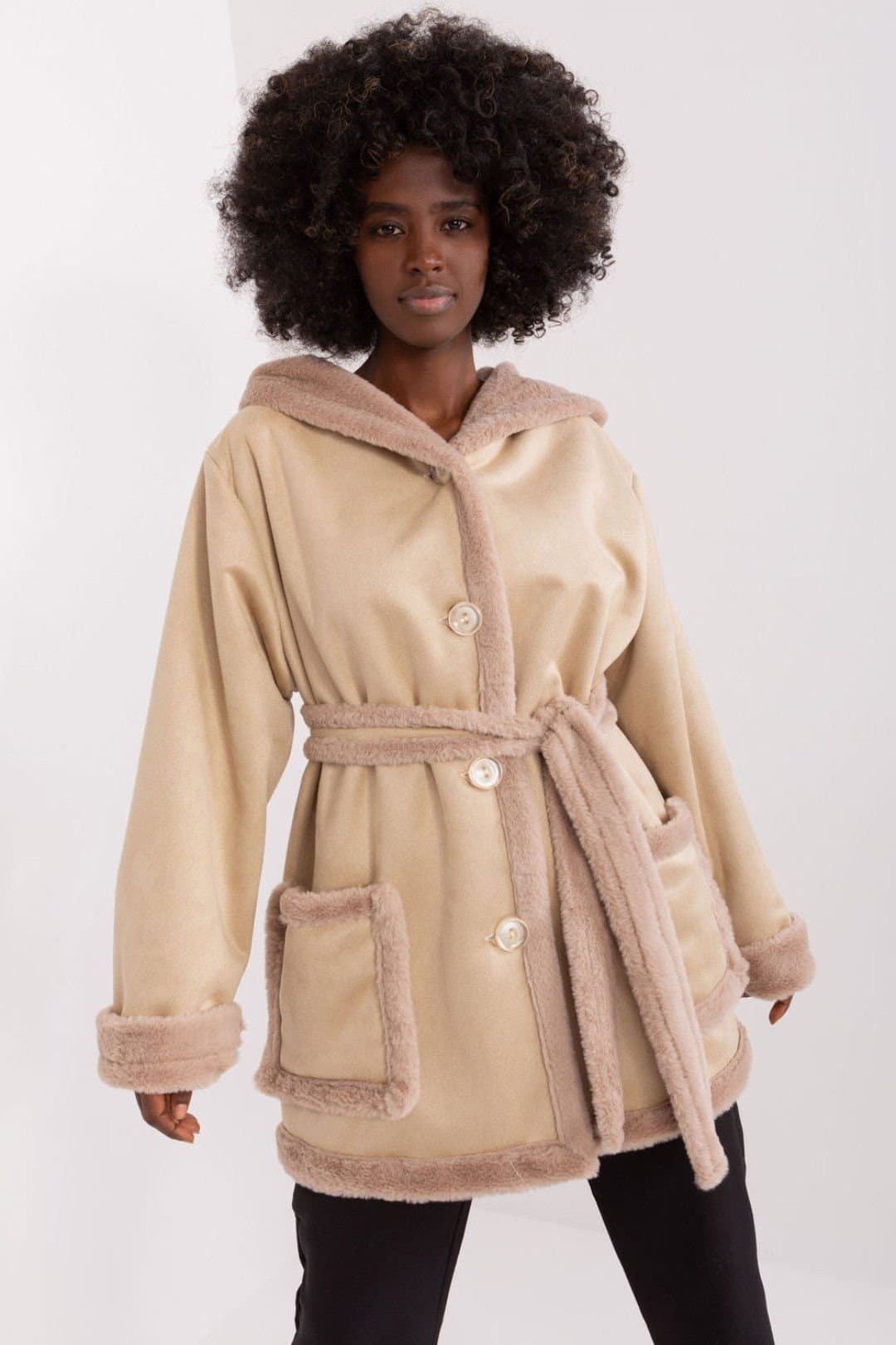 Love Lace Love Lace Women's Insulated Hooded Cotton Coat with Tie Belt in Beige