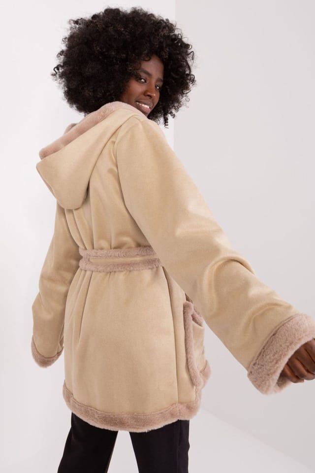 Love Lace Love Lace Women's Insulated Hooded Cotton Coat with Tie Belt in Beige - 3