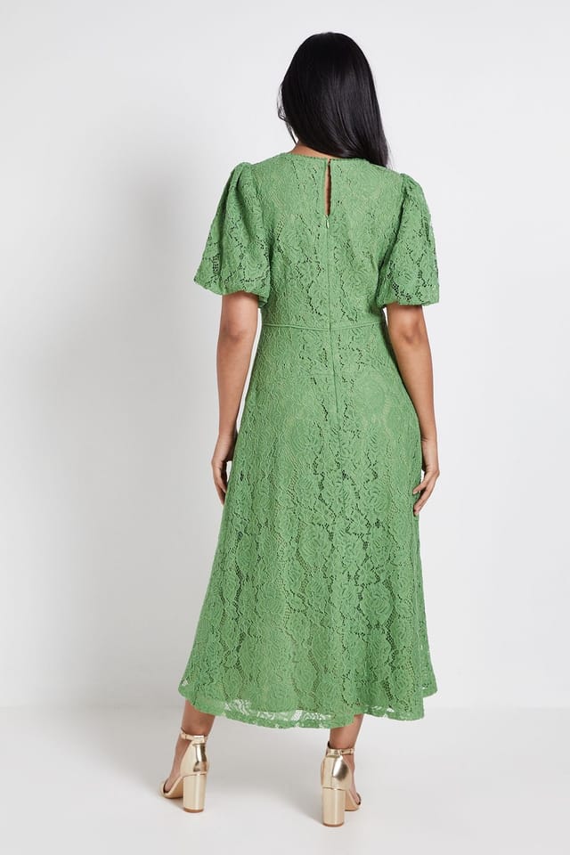 Wallis Wallis Women's Petite Lace Drop Hem Midi Dress in Green - 3
