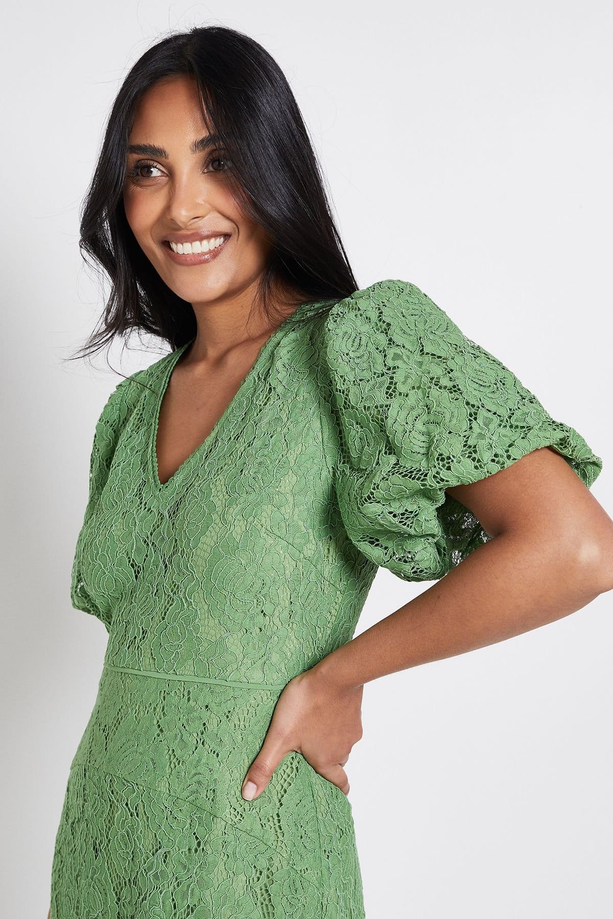 Wallis Wallis Women's Petite Lace Drop Hem Midi Dress in Green - 4