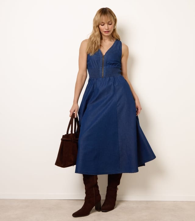 Blue Vanilla Women's Dark Blue Denim Zip Front Midi Dress Blue Vanilla New Look - 3
