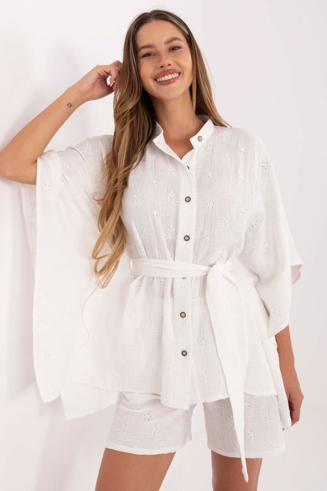 Love Lace Love Lace Women's Muslin Cotton Embroidered Shirt Shorts Set in White