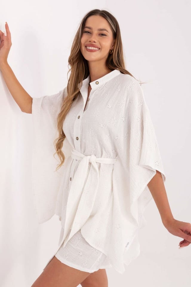 Love Lace Love Lace Women's Muslin Cotton Embroidered Shirt Shorts Set in White - 2