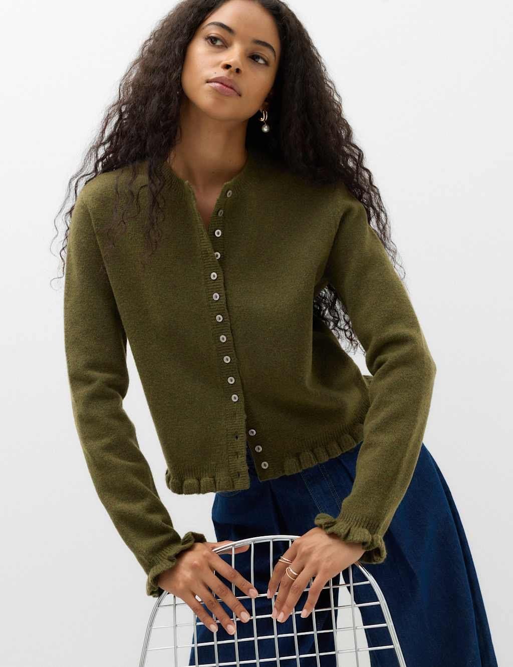 Marks & Spencer M&S Ruffle Crew Neck Cardigan Dark Khaki