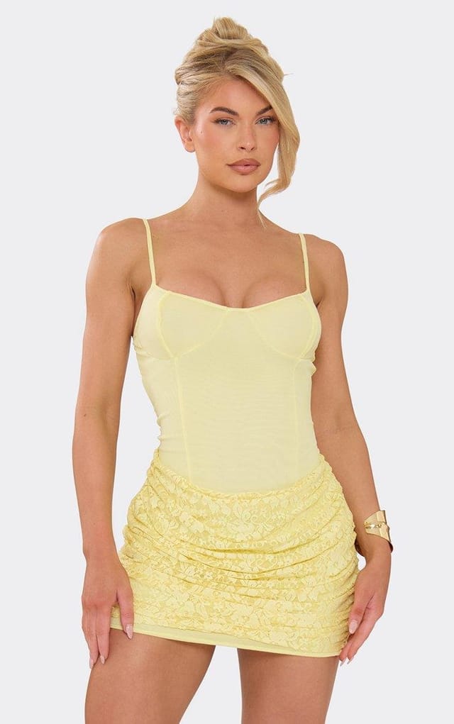 EGO Strappy Cupped Detail Contrast Lace Draped Panel Mini Dress In Yellow, Women's Size UK 6 - 2