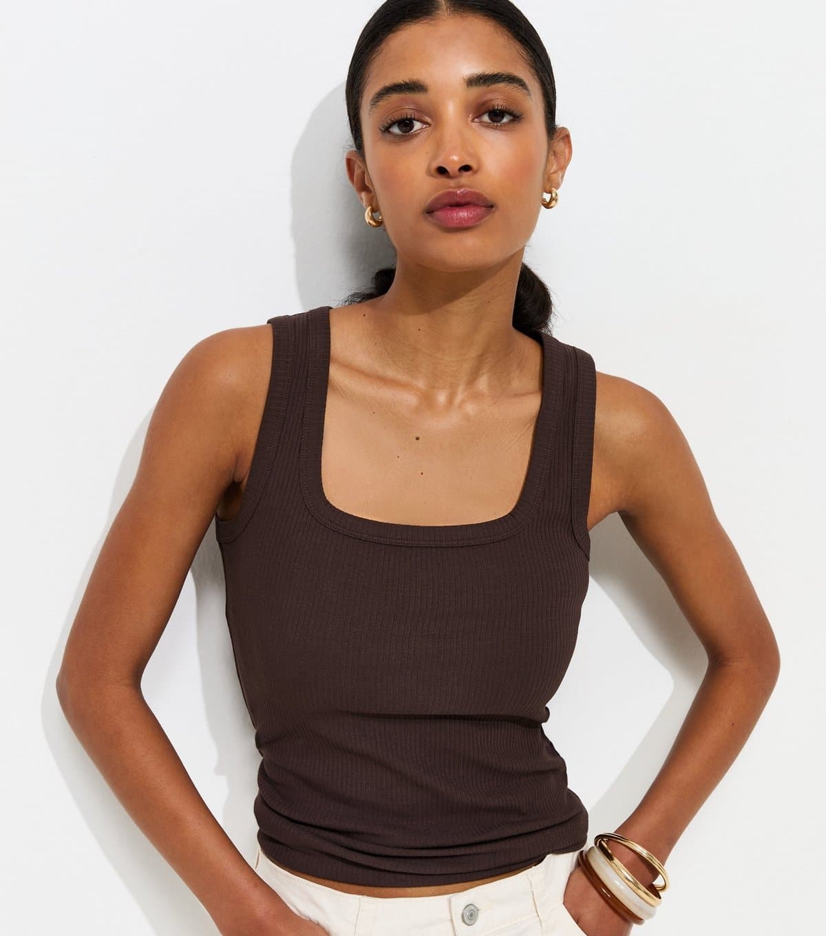 New Look Women's Dark Brown Ribbed Cotton Rich Square Neck Vest New Look