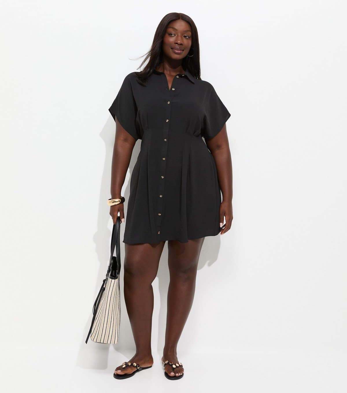 New Look Women's Plus Size Black Pleated Short Sleeve Mini Shirt Dress Curves New Look