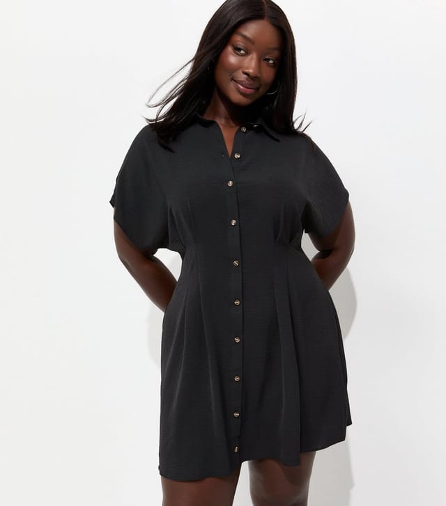 New Look Women's Plus Size Black Pleated Short Sleeve Mini Shirt Dress Curves New Look - 3