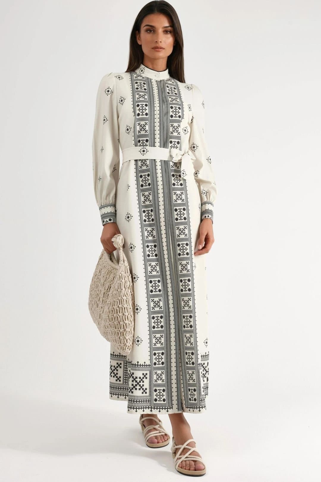 MSN Collection MSN Collection Women's Mandarin Collar Geometric Paneled Maxi Dress in Cream